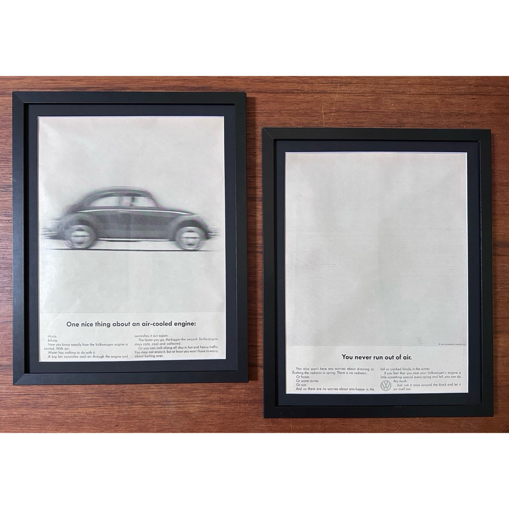 Framed Set of 1962 Volkswagen Beetle Print Ads Air Cooled Engine Pair